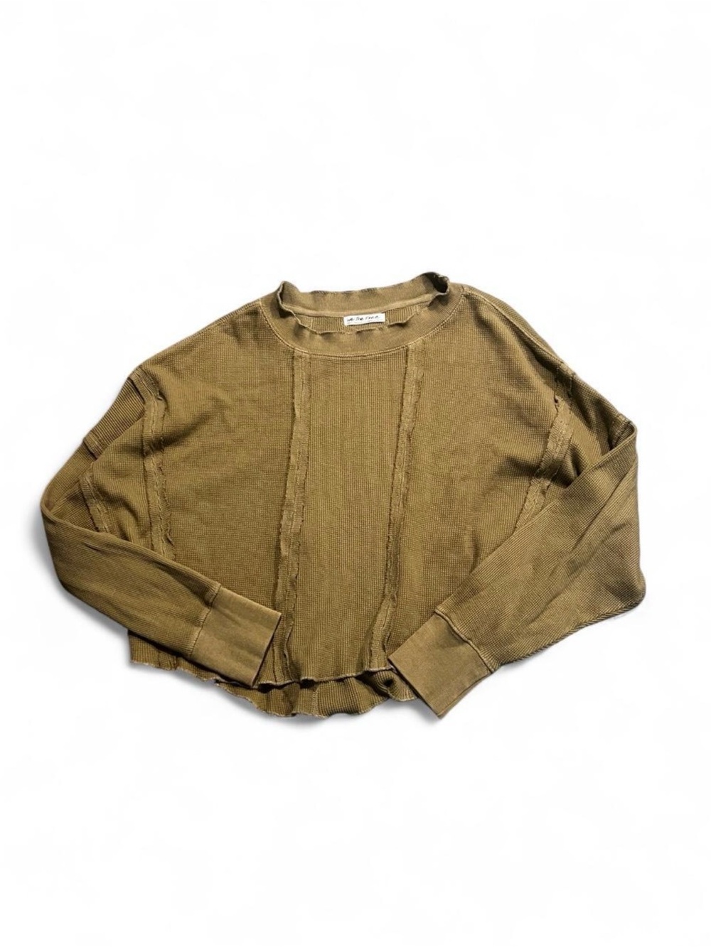 We The Free Olive Crewneck Raw-Edge Waffle knit long sleee